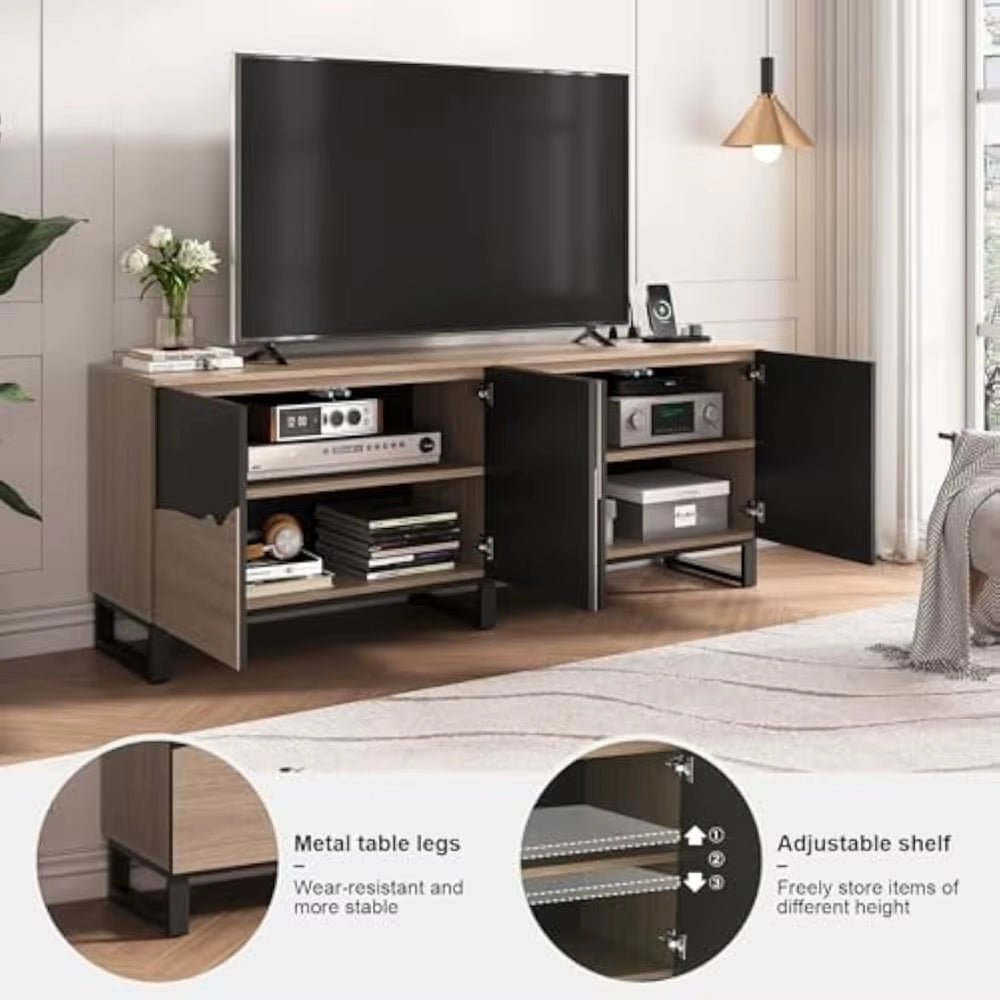 70" TV Stand with Power Outlet, Black Large TV Stands for 75 Inch TV, Entertainment Center TV Cabinet with Storage and Adjustabl