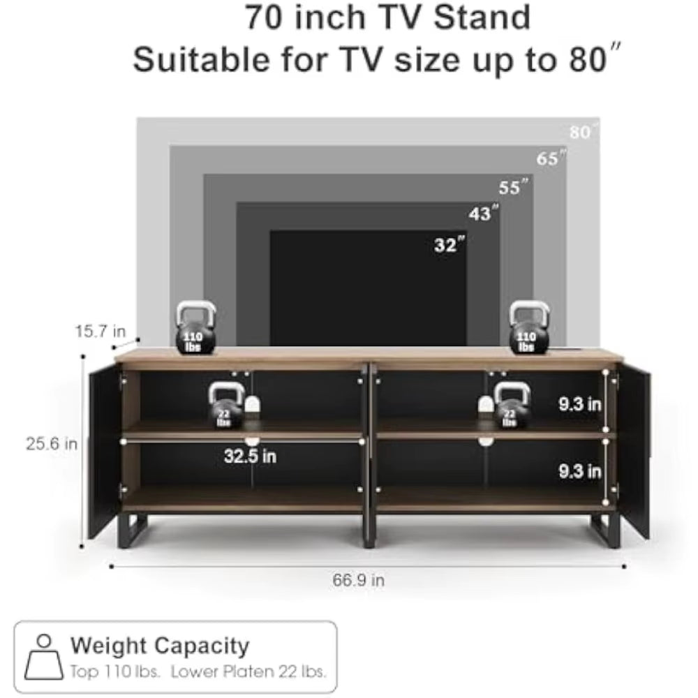 70" TV Stand with Power Outlet, Black Large TV Stands for 75 Inch TV, Entertainment Center TV Cabinet with Storage and Adjustabl