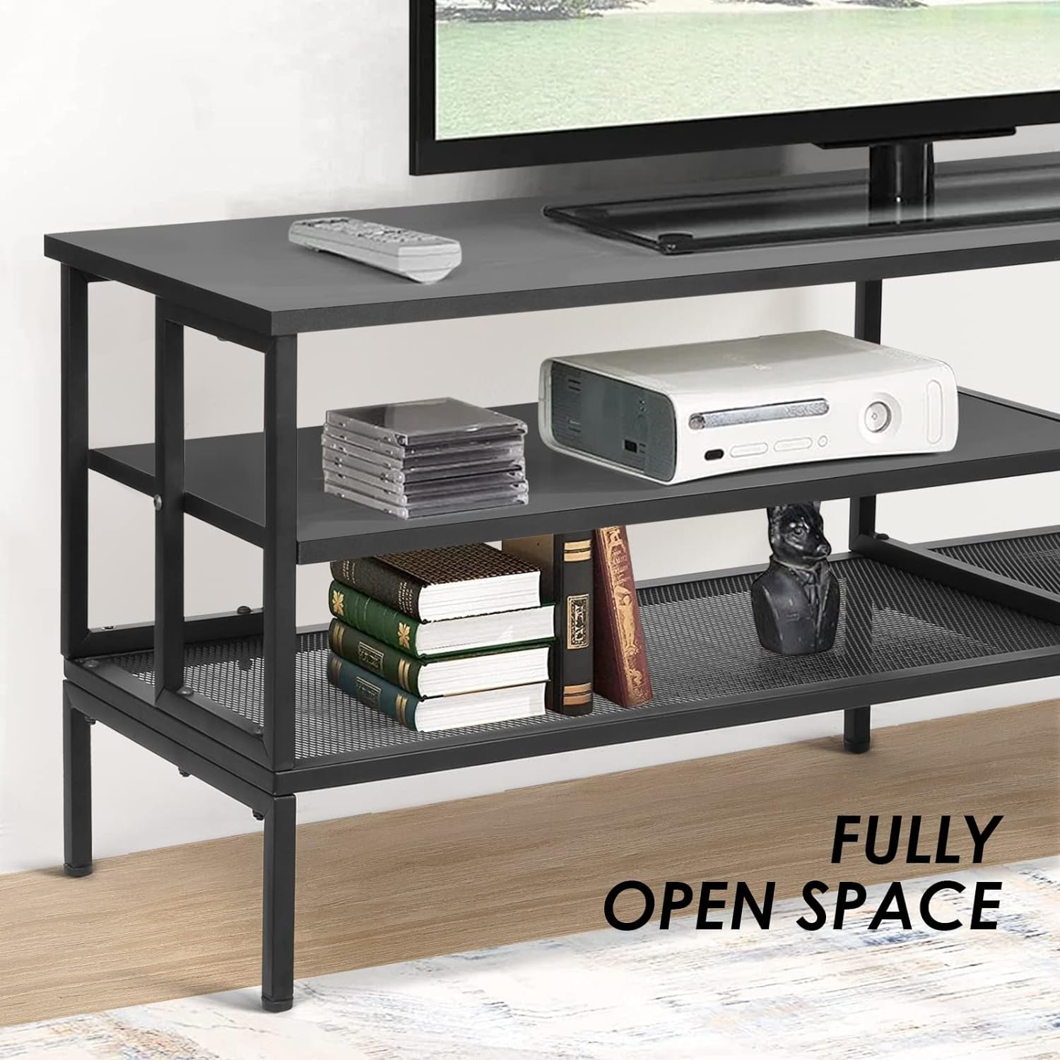 Industrial TV Stand for TV up to 65 Inch, TV Table TV Cabinet with Metal Frame, Entertainment Center TV Console Table for Living Room, Black