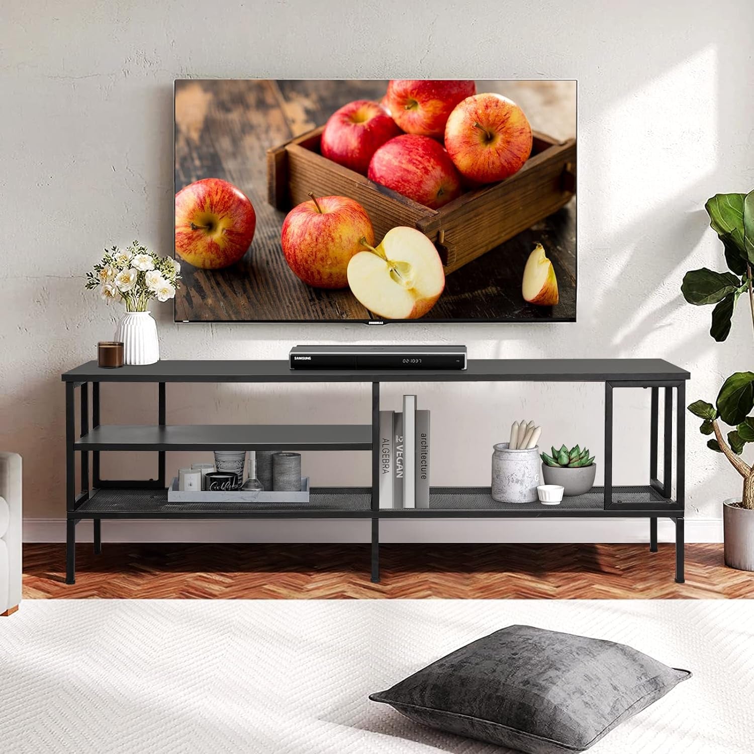 Industrial TV Stand for TV up to 65 Inch, TV Table TV Cabinet with Metal Frame, Entertainment Center TV Console Table for Living Room, Black