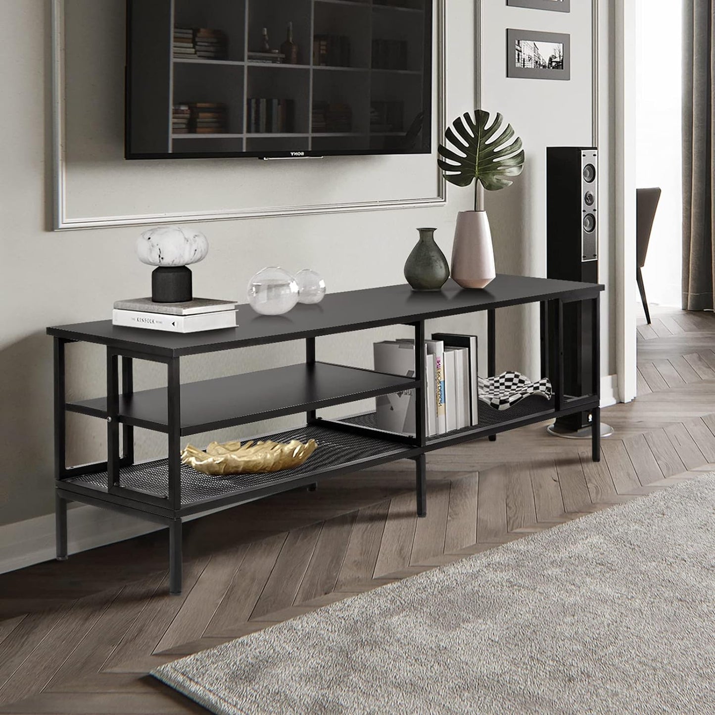 Industrial TV Stand for TV up to 65 Inch, TV Table TV Cabinet with Metal Frame, Entertainment Center TV Console Table for Living Room, Black