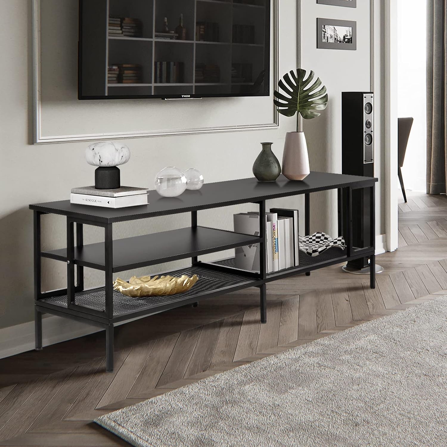 Industrial TV Stand for TV up to 65 Inch, TV Table TV Cabinet with Metal Frame, Entertainment Center TV Console Table for Living Room, Black