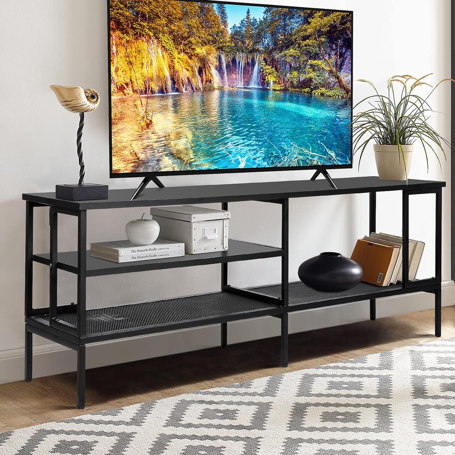 Industrial TV Stand for TV up to 65 Inch, TV Table TV Cabinet with Metal Frame, Entertainment Center TV Console Table for Living Room, Black