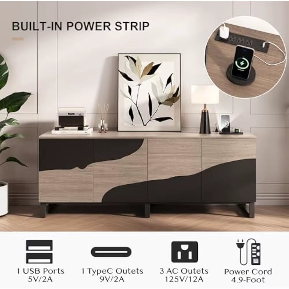 70" TV Stand with Power Outlet, Black Large TV Stands for 75 Inch TV, Entertainment Center TV Cabinet with Storage and Adjustabl