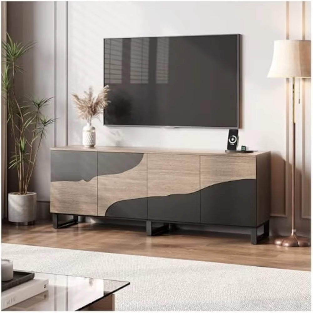 70" TV Stand with Power Outlet, Black Large TV Stands for 75 Inch TV, Entertainment Center TV Cabinet with Storage and Adjustabl