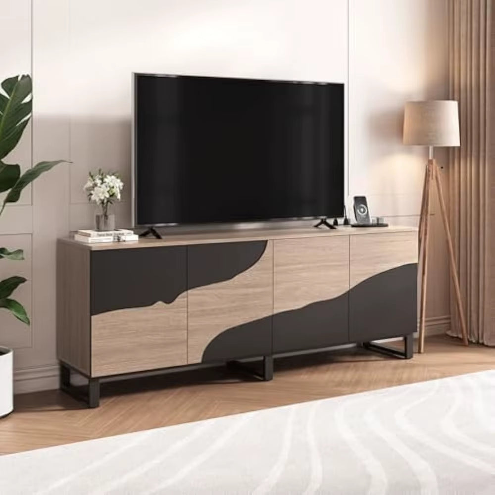 70" TV Stand with Power Outlet, Black Large TV Stands for 75 Inch TV, Entertainment Center TV Cabinet with Storage and Adjustabl