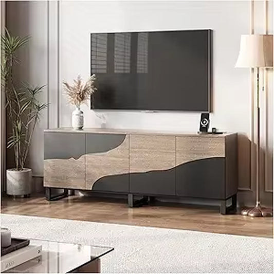 70" TV Stand with Power Outlet, Black Large TV Stands for 75 Inch TV, Entertainment Center TV Cabinet with Storage and Adjustabl